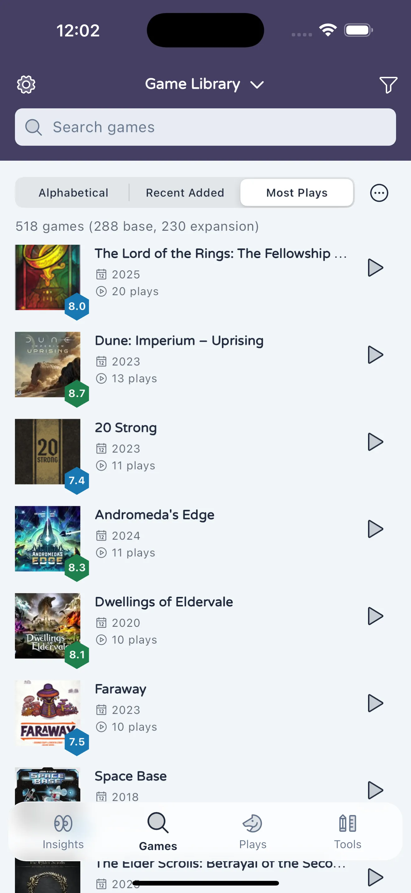 Game library screen in TableTopSage