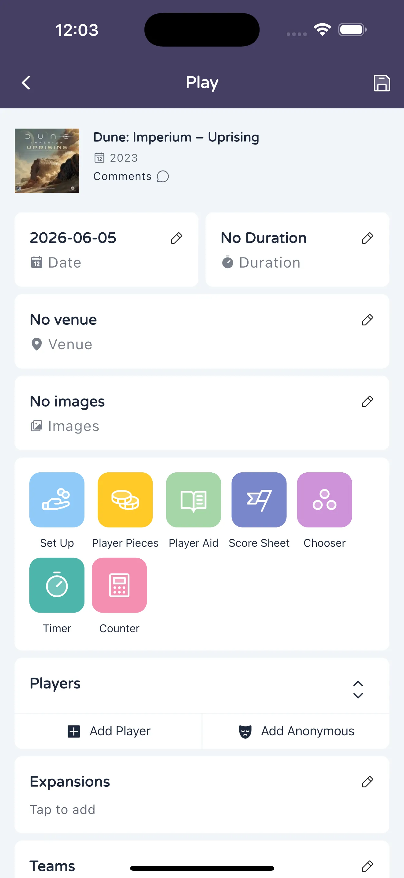Log a play screen with players and scores
