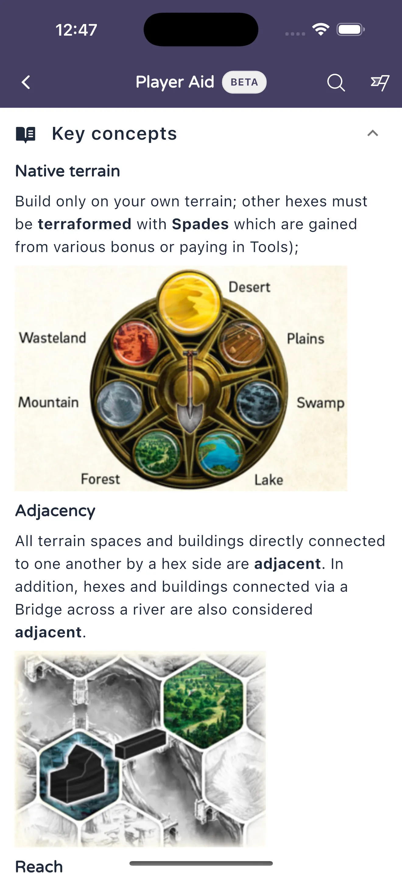 Player aid with key concepts and visuals