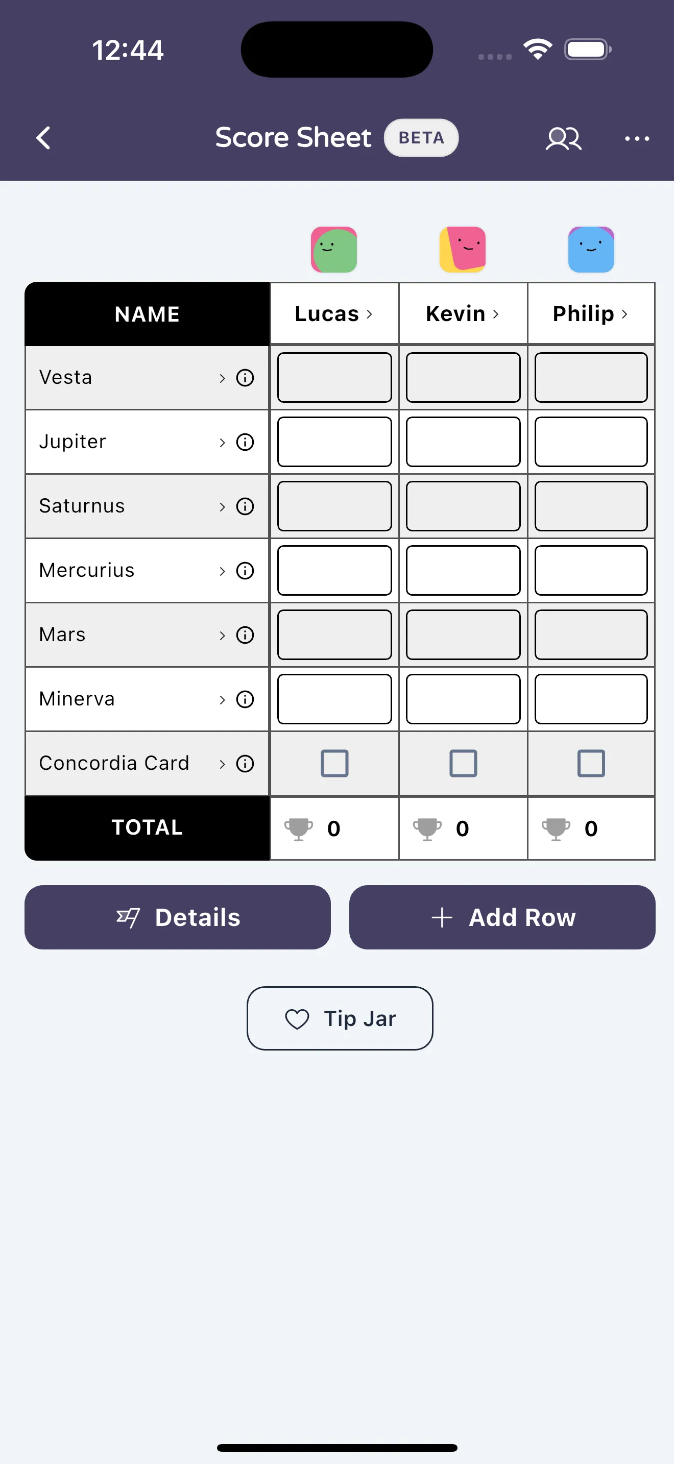 In-app score sheet for tracking points